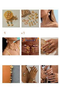 Detailed grid of stainless steel earrings and necklaces in gold and steel finishes