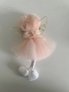 Rear view of pink plush angel ornament with golden wire wings and soft tulle skirt