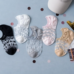 Five pairs of thin mesh ankle socks with polka dots in black, white, pink, grey, and beige