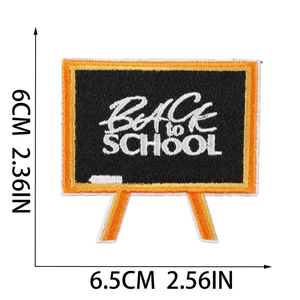 Detailed embroidery of Back to School blackboard patch with measurements and scale