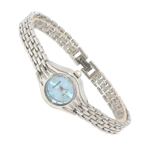 Women's light blue dial quartz watch with silver metal band on a clean white background