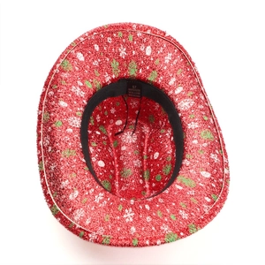 Sparkly red Christmas cowboy hat with white snowflake sequins and green dots on white base