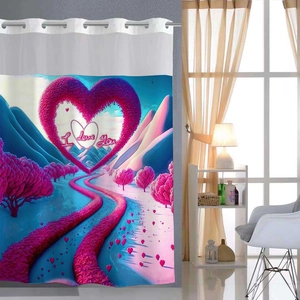 Detail of waffle print shower curtain with silver grommet top and romantic heart pattern