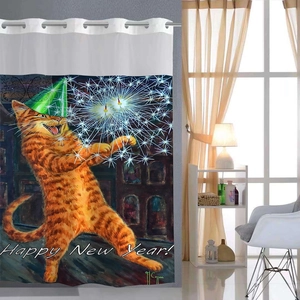 Detail of waffle weave shower curtain featuring a festive cat with Happy New Year print