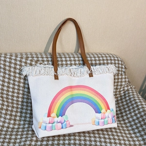 Boho kids canvas tote bag with rainbow print and white fringe trim decoration