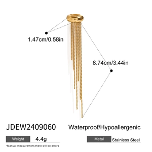 Gold stainless steel tassel earrings with dimension details and waterproof features