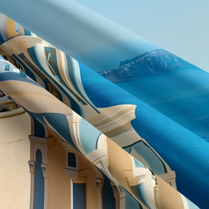 Detail shot of the Mediterranean Santorini fabric texture with blue dome printing