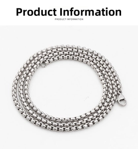 Macro detail of stainless steel box chain necklace with a sturdy lobster clasp