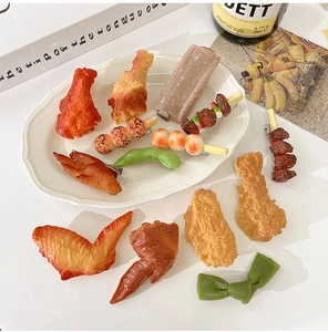 Creative fake food hair clips set with realistic fried chicken wings and meat skewers