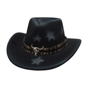 Retro Western Cowboy Hat Felt Wide Brim Star Pattern Ethnic Woven Band Metal Bull Head Bone Ornament Bohemian Style