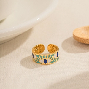 French vintage gold evil eye adjustable open ring with colorful enamel detailing