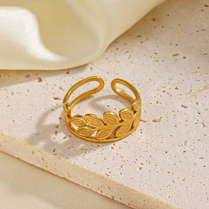 Adjustable gold stainless steel leaf ring with detailed olive leaf pattern for women