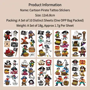 Detailed sheet of ten colorful pirate cartoon tattoo stickers for kids, 12x6.8cm size