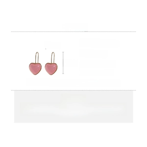 Detailed spec sheet showing pink heart resin earrings with dimensions and material specs