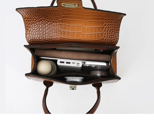 Top view of brown crocodile texture handbag showing large capacity for phone and umbrella