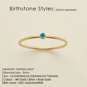 Minimalist stainless steel ring with 2mm aquamarine birthstone in 14K gold finish