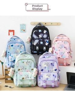 Close-up of cute school backpacks with cartoon bear prints and plush charms in five colors