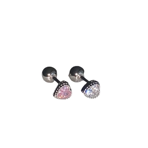 Pink and white heart zircon stud earrings with beaded edges and screw ball backs