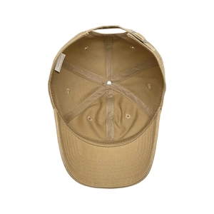 Detail view of cotton baseball cap interior showing 100% cotton tag and stitched lining