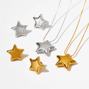 Chic stainless steel hollow star necklace and earrings set in gold and silver finishes