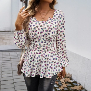 Elegant floral chiffon top with puff sleeves and square neck in a fresh white and purple style