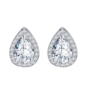 Macro view of teardrop pink zircon stud earrings with halo diamonds in silver finish