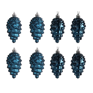 Detail of 8-piece dark blue metallic pine cone ornaments for Christmas tree decor