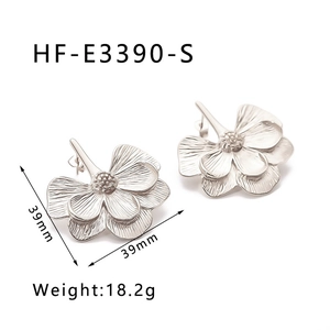 Detailed close-up of 39mm silver flower earrings with textured petals and center studs