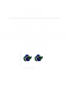 Close-up of vintage enamel earrings with blue and green spiral design and gold trim