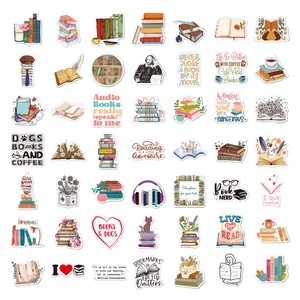 Detailed grid view of 50 colorful waterproof vinyl reading stickers with bookish quotes