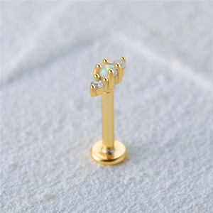 Macro view of S925 sterling silver opal flat head earring with internal thread and zircons