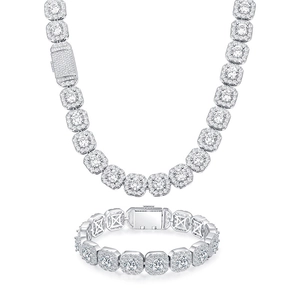 Silver 12mm Cuban link hip hop necklace and bracelet set with square iced-out zircon stones