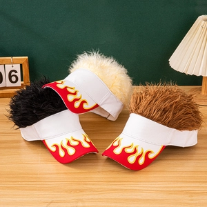 Detailed view of three wig visor hats in black, off-white, and light brown with flame patterns