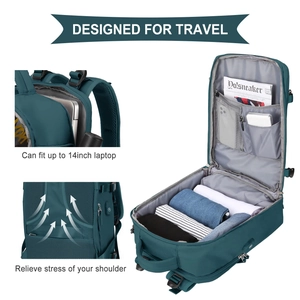 Detail view of large travel backpack with laptop compartment and USB charging port