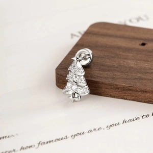 Silver Christmas tree cartilage earring with clear crystals and screw flat back