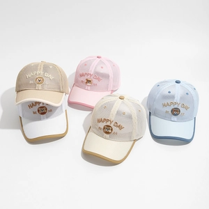 Breathable summer mesh baseball caps for kids with cute Happy Day bear embroidery