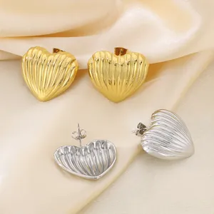 Heart Stud Earrings Stainless Steel Striped Ribbed Texture Trendy Fashion Jewelry For Women 18K Gold Plated Minimalist
