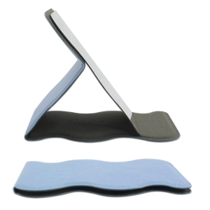 Blue wave-edge portable folding mirror with PU leather texture and stainless steel base