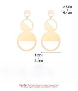Detailed view of gold geometric layered earrings with size labels and iron material info