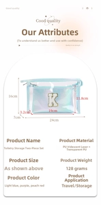 Dettagli dimensionali del set di due pochette per trucchi azzurre con effetto laser