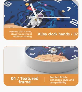 Detail of white alloy hands and deep blue 3D astronaut dial on 10-inch silent clock