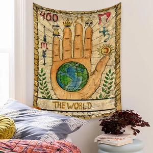 Detail of The World tarot tapestry showing a mystic hand holding earth on bedroom wall