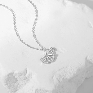 Elegant S925 sterling silver ginkgo leaf necklace with micro-pave white zircon stones