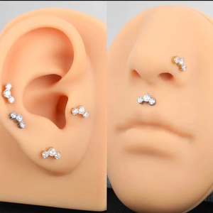G23 titanium three-stone zircon piercing jewelry for ear labret and nose stud