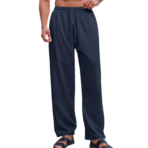 Pantaloni casual da uomo in misto lino blu scuro con coulisse e gamba dritta classica