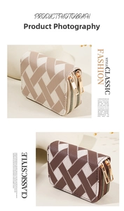 Close-up of double zipper accordion card wallet with stylish textured stripe pattern