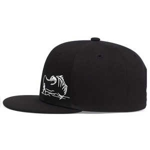 Black snapback hat with white fisherman and fish bone embroidery on front panel