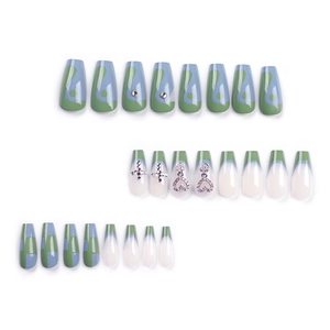 French blue-green plaid press-on nails with silver cross and heart charms, 24-piece set