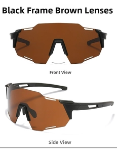 Front and side views of black frame sports cycling sunglasses with brown lenses