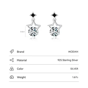 S925 sterling silver hollow star drop earrings with sparkling round zircon and black diamond stud